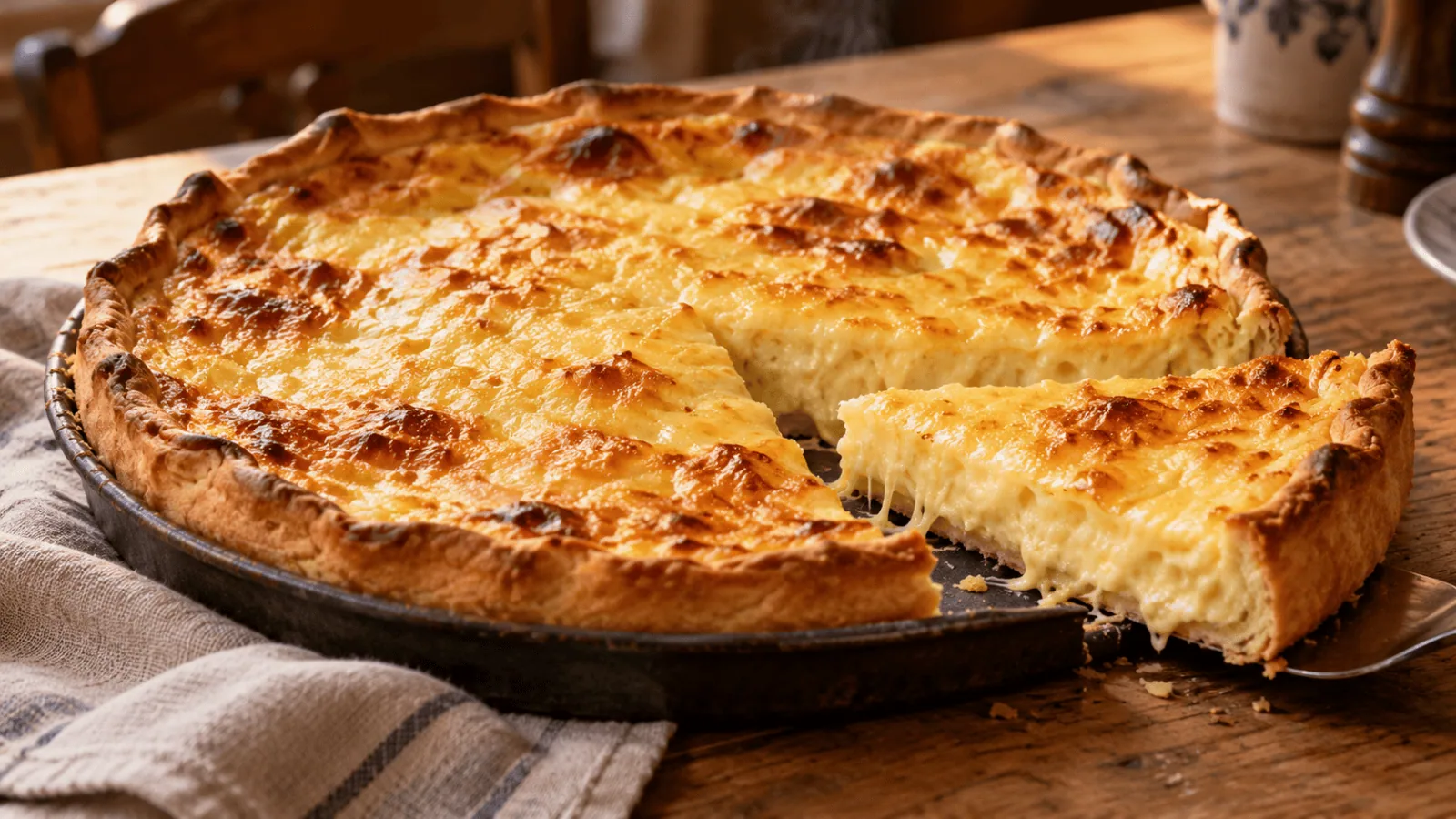 Flamiche dinantaise dorée au fromage avec une part découpée