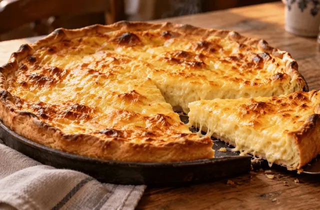 Flamiche dinantaise dorée au fromage avec une part découpée