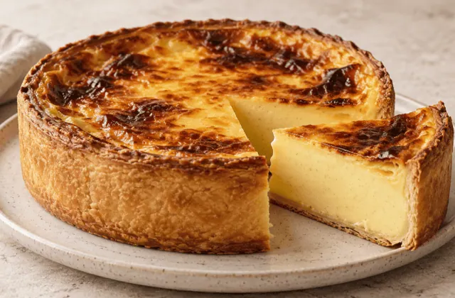 Flan pâtissier parisien haut à la vanille avec une part découpée
