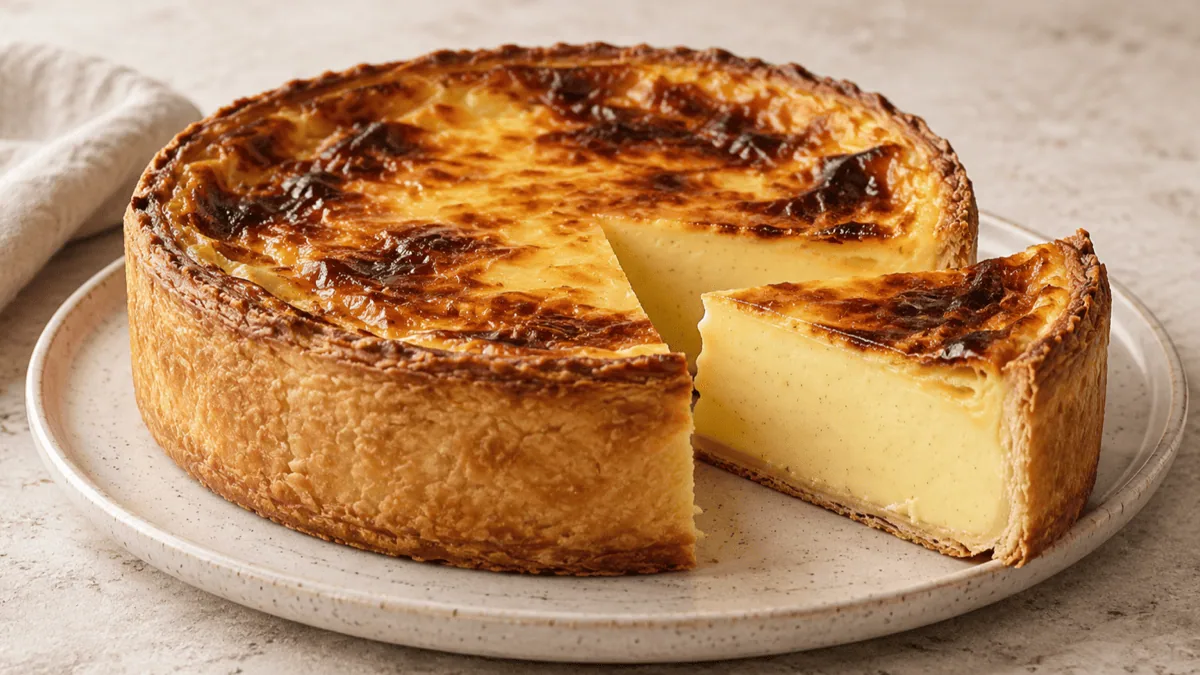 Flan pâtissier parisien haut à la vanille avec une part découpée