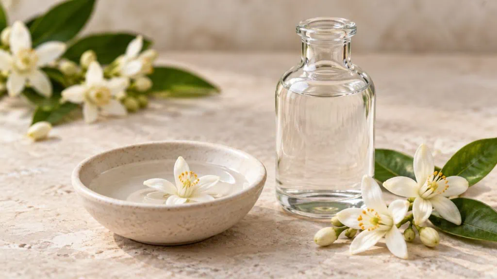Eau de fleur d’oranger dans un flacon neutre avec quelques fleurs blanches