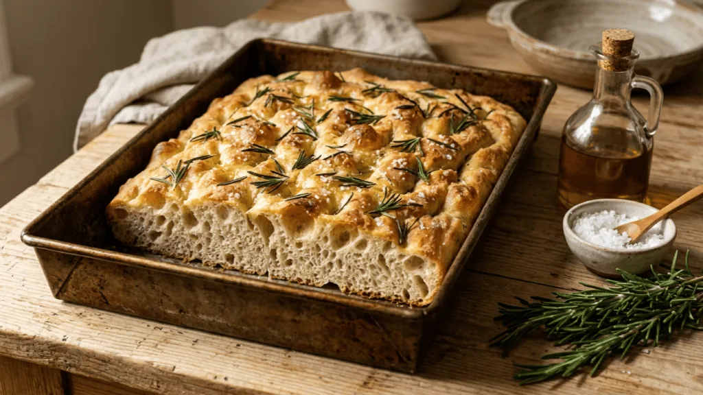 Focaccia maison au romarin dans son moule, alvéoles brillantes d’huile d’olive, fleur de sel et romarin, coin coupé