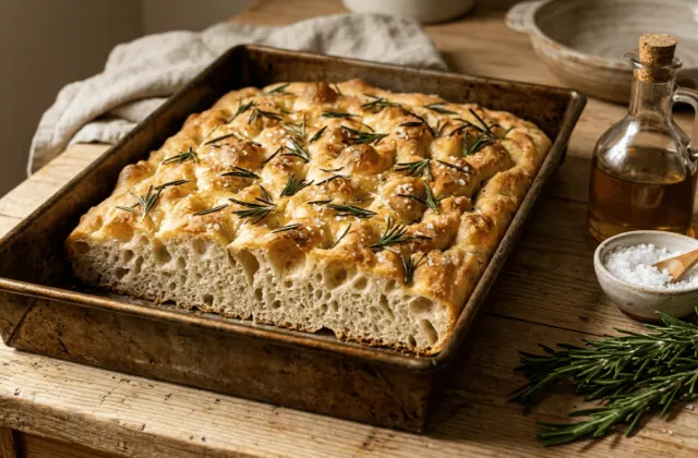 Focaccia maison au romarin dans son moule, alvéoles brillantes d’huile d’olive, fleur de sel et romarin, coin coupé