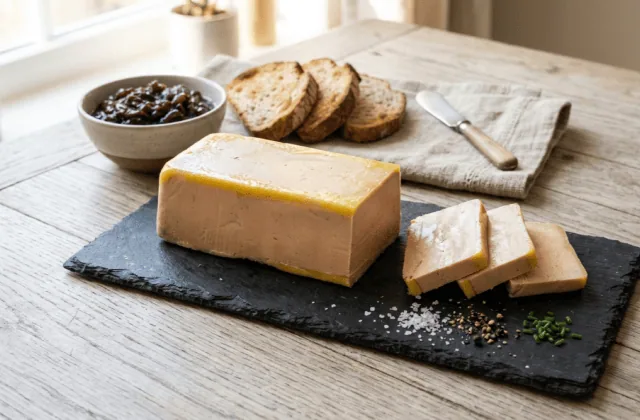 Foie gras mi-cuit maison démoulé sur une ardoise, tranches, fleur de sel, pain grillé et confit d’oignons