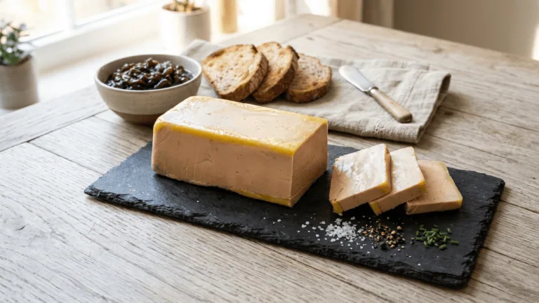 Foie gras mi-cuit maison démoulé sur une ardoise, tranches, fleur de sel, pain grillé et confit d’oignons