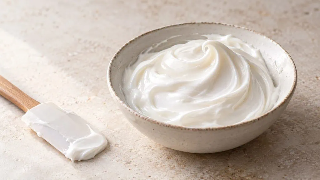 Fondant pâtissier blanc lisse dans un bol en grès clair
