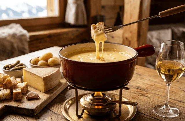 Fondue comtoise au comté et vin du Jura dans un caquelon, pain trempé filant, comté, pommes de terre et vin jaune