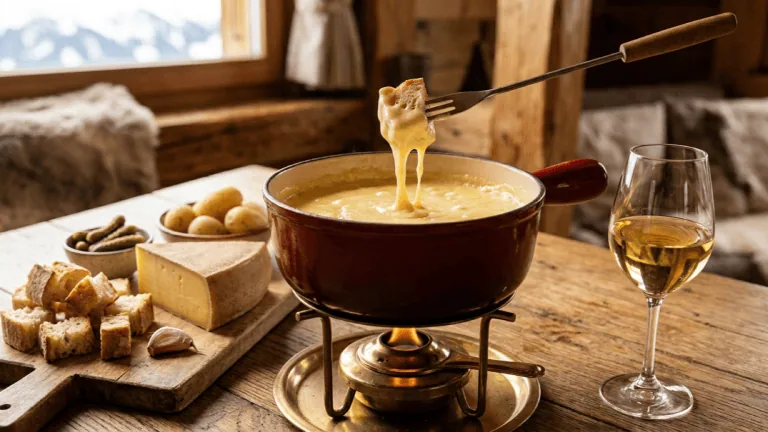 Fondue comtoise au comté et vin du Jura dans un caquelon, pain trempé filant, comté, pommes de terre et vin jaune