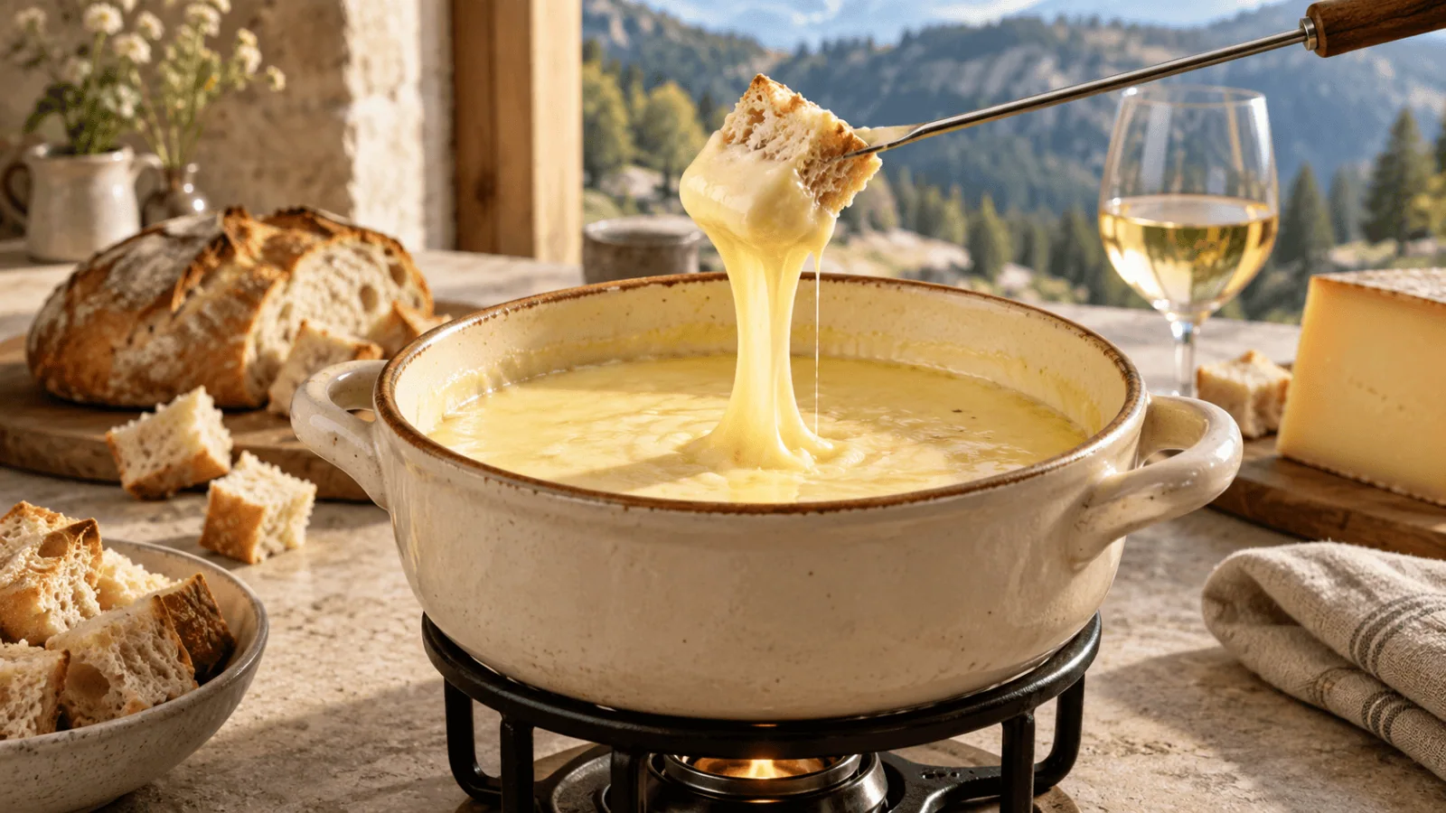 Fondue comtoise au Comté servie dans un caquelon avec pain