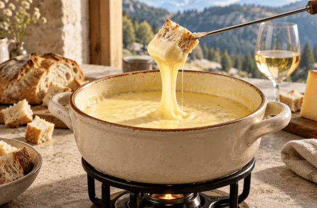 Fondue comtoise au Comté servie dans un caquelon avec pain