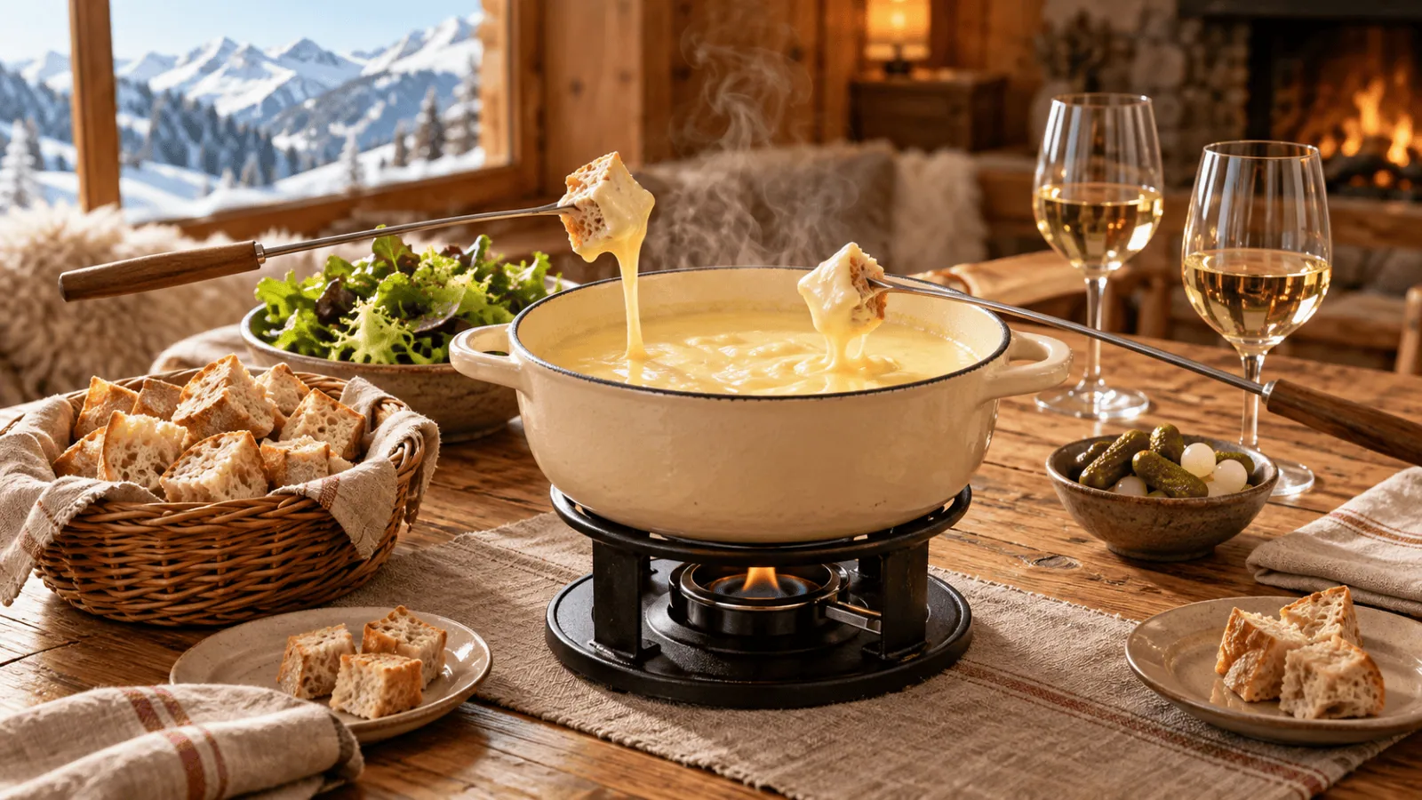 Fondue savoyarde traditionnelle dans un chalet alpin
