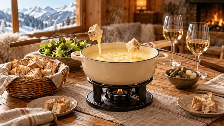 Fondue savoyarde traditionnelle dans un chalet alpin