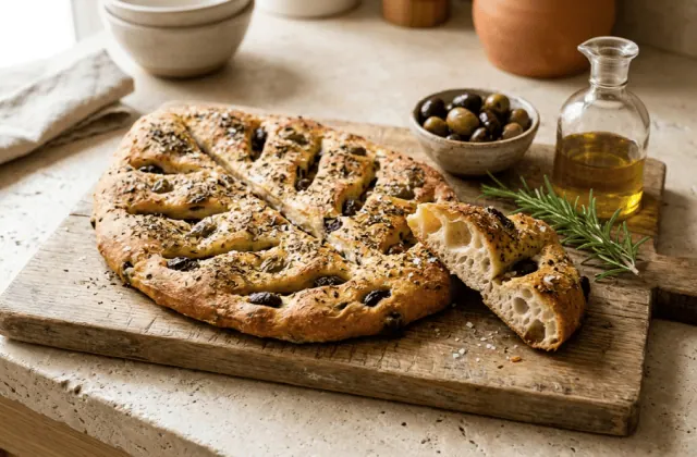 Fougasse aux olives dorée sur une planche, olives, herbes et fleur de sel, morceau arraché montrant la mie
