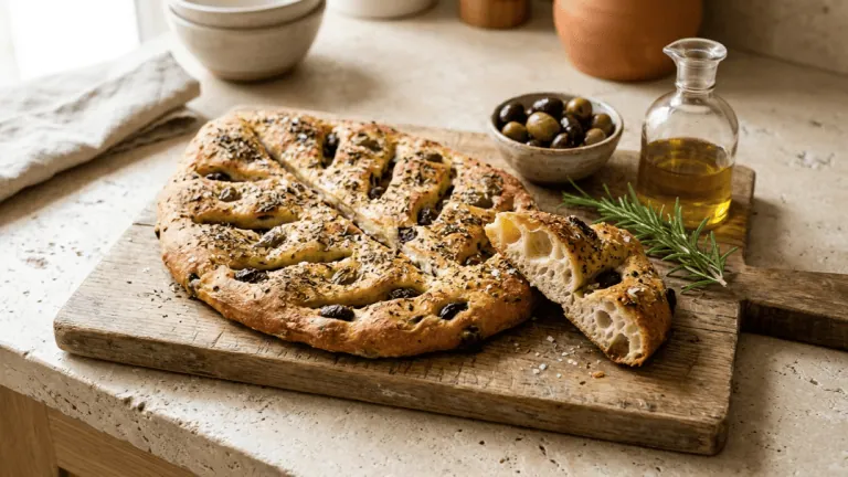 Fougasse aux olives dorée sur une planche, olives, herbes et fleur de sel, morceau arraché montrant la mie