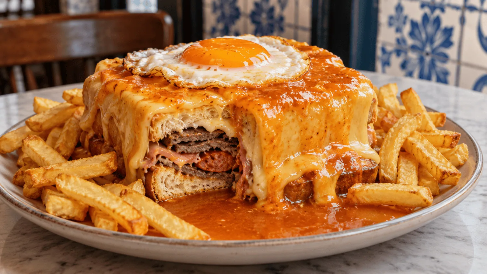 Francesinha de Porto nappée de fromage et de sauce avec des frites