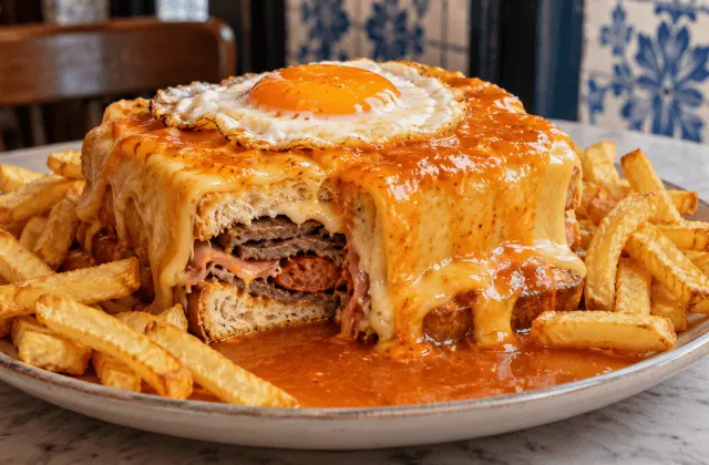 Francesinha de Porto nappée de fromage et de sauce avec des frites