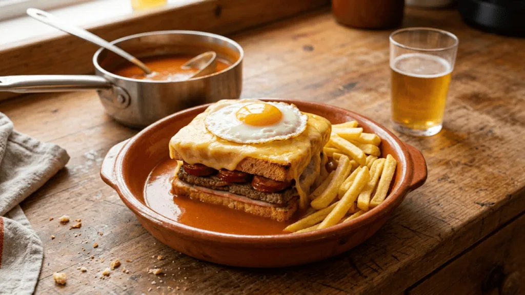 Francesinha maison nappée de sauce tomate à la bière, fromage fondu et œuf au plat, frites et verre de bière