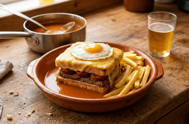 Francesinha maison nappée de sauce tomate à la bière, fromage fondu et œuf au plat, frites et verre de bière