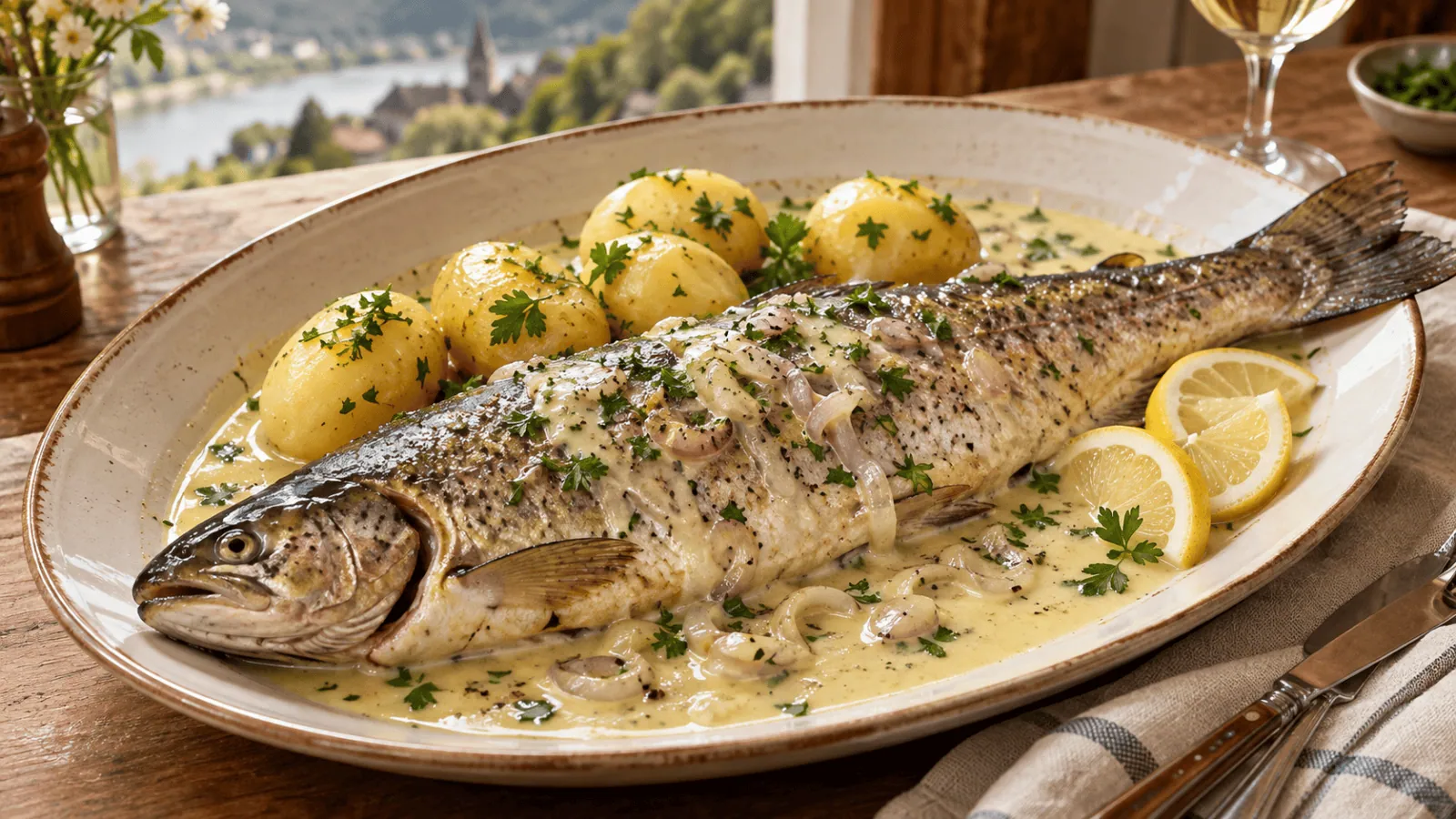 Truite entière au riesling, sauce à la crème et aux échalotes avec pommes vapeur