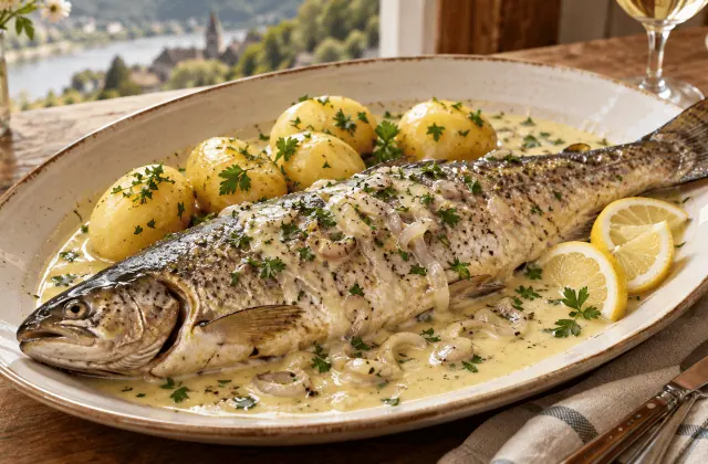 Truite entière au riesling, sauce à la crème et aux échalotes avec pommes vapeur