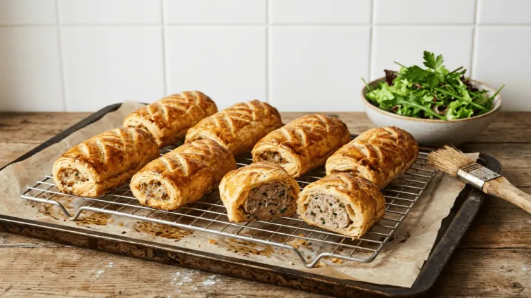 Friands à la viande maison dorés sur une grille, l’un coupé montrant la farce, salade verte à côté