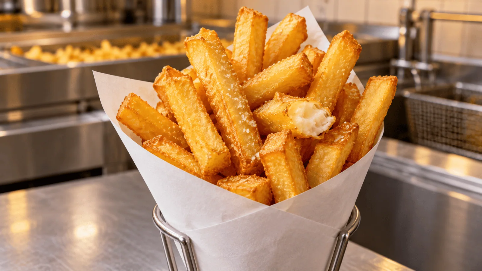Cornet de frites belges épaisses et dorées dans une friterie