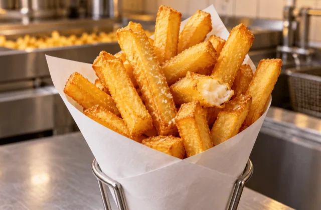 Cornet de frites belges épaisses et dorées dans une friterie