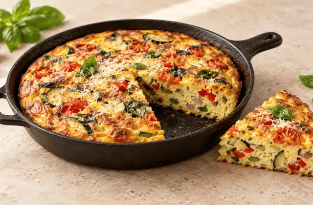 Frittata aux courgettes, poivrons, tomates cerises, parmesan et basilic