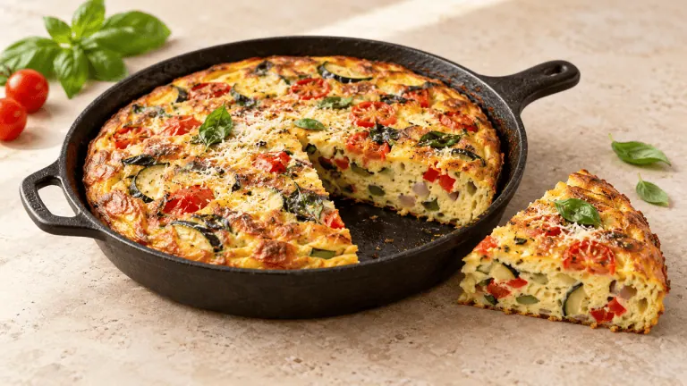 Frittata aux courgettes, poivrons, tomates cerises, parmesan et basilic