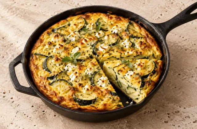 Frittata dorée aux courgettes, feta et herbes fraîches