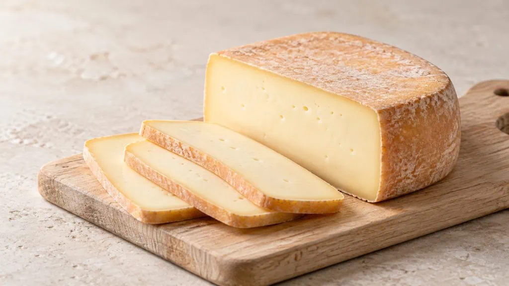 Fromage à raclette en morceau et tranches montrant sa pâte ivoire