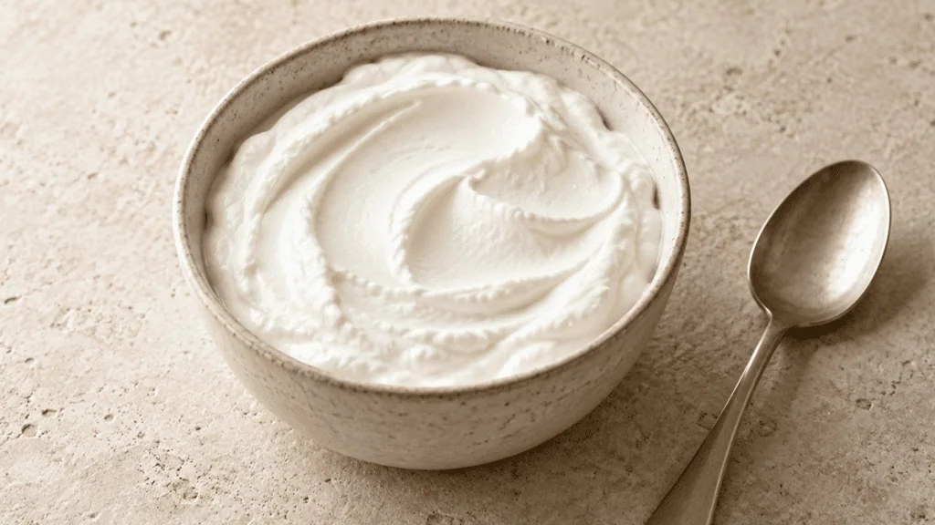 Fromage blanc nature épais dans un bol en grès
