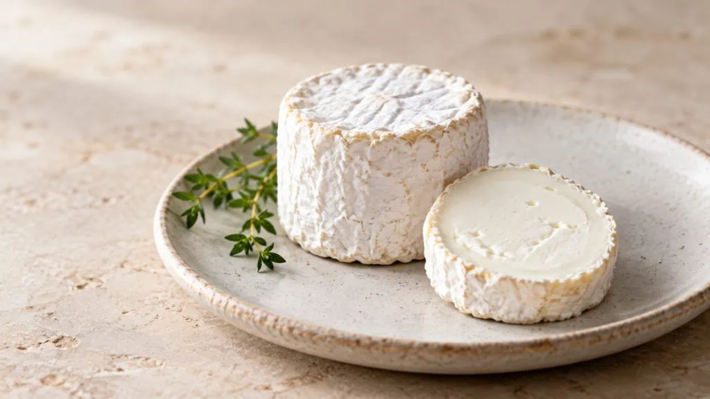 Fromage de chèvre frais entier et coupé montrant sa pâte blanche