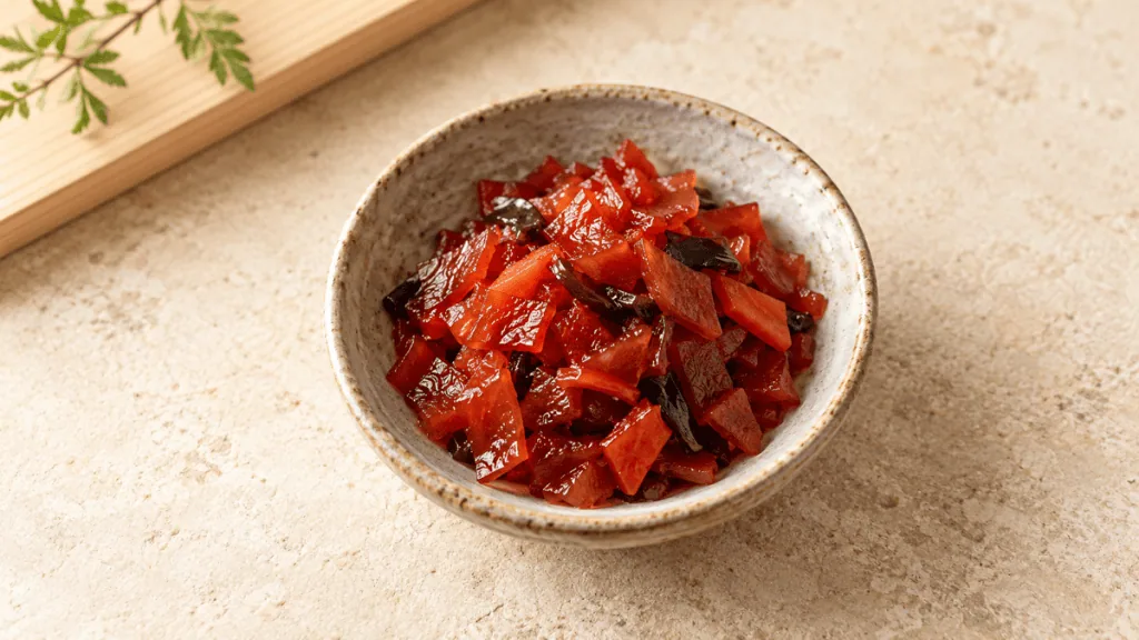 Fukujinzuke rouge brun dans un petit bol japonais