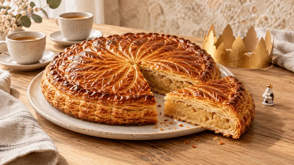 Galette des rois feuilletée à la frangipane avec couronne et fève