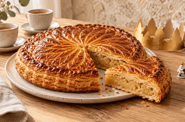 Galette des rois feuilletée à la frangipane avec couronne et fève
