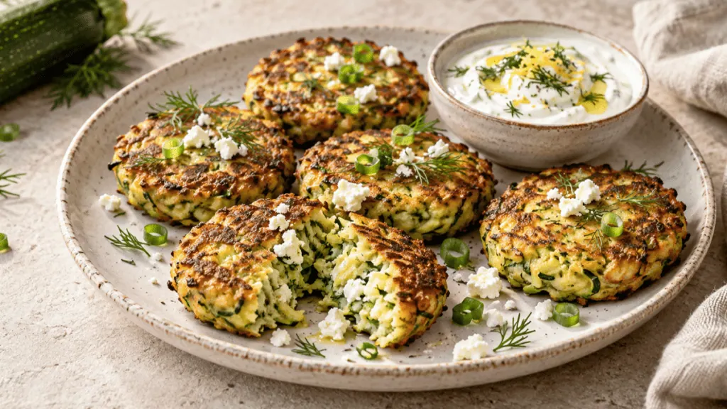 Galettes dorées de courgette et feta avec sauce au yaourt citronnée