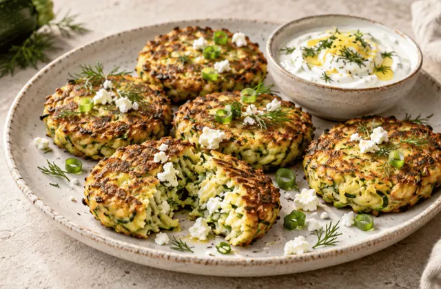 Galettes dorées de courgette et feta avec sauce au yaourt citronnée