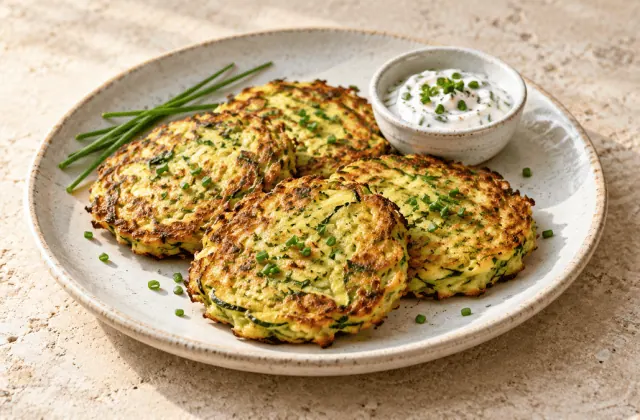 Galettes de courgettes dorées et croustillantes avec sauce au yaourt et ciboulette