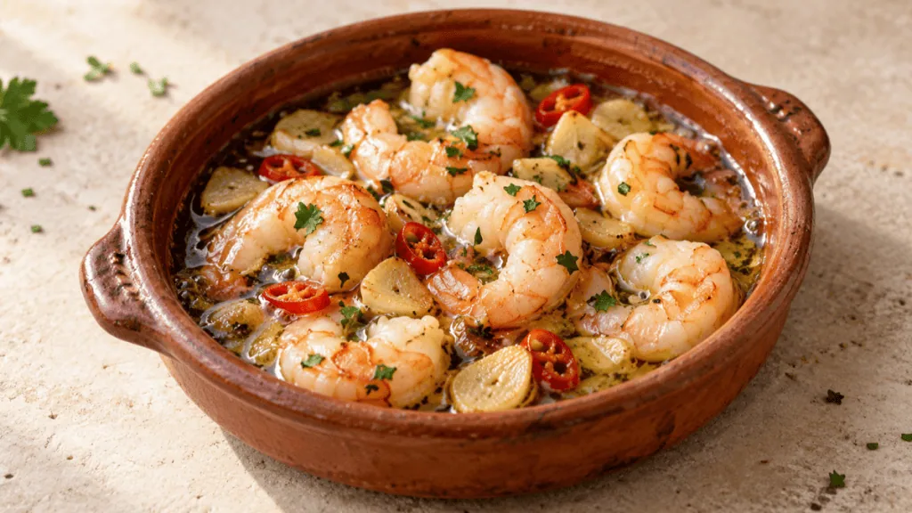 Gambas al ajillo avec ail doré et piment rouge