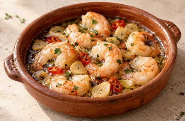 Gambas al ajillo avec ail doré et piment rouge