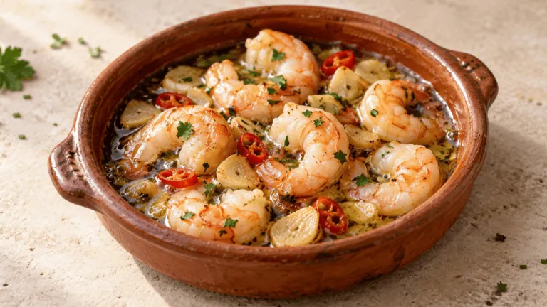 Gambas al ajillo avec ail doré et piment rouge