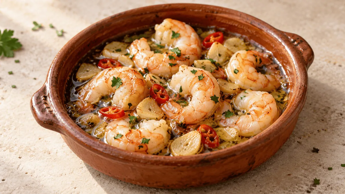 Gambas al ajillo avec ail doré et piment rouge
