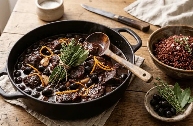 Gardiane de taureau en cocotte de fonte, sauce au vin rouge, olives noires et zeste d’orange, riz rouge de Camargue