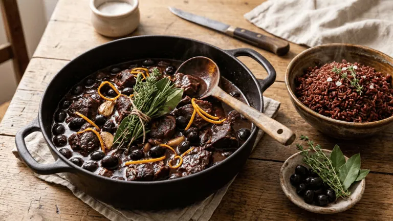 Gardiane de taureau en cocotte de fonte, sauce au vin rouge, olives noires et zeste d’orange, riz rouge de Camargue