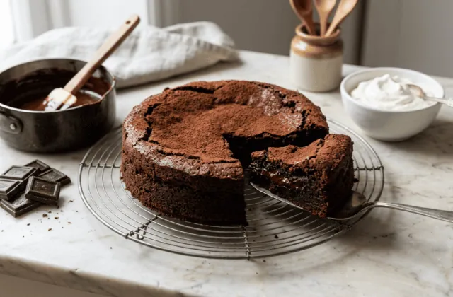 Gâteau au chocolat moelleux sur une grille, part soulevée au cœur fondant, chocolat fondu et crème fouettée
