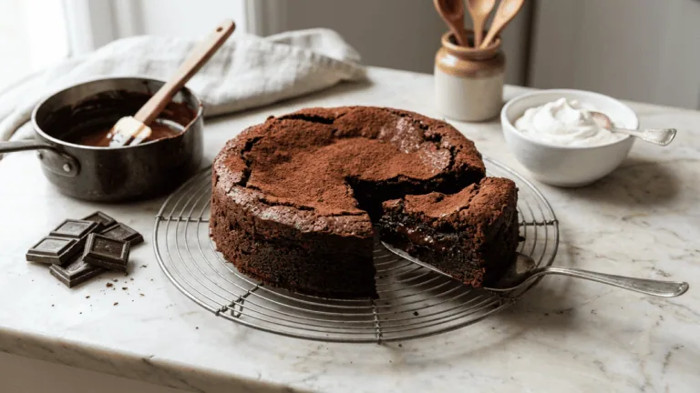 Gâteau au chocolat moelleux sur une grille, part soulevée au cœur fondant, chocolat fondu et crème fouettée