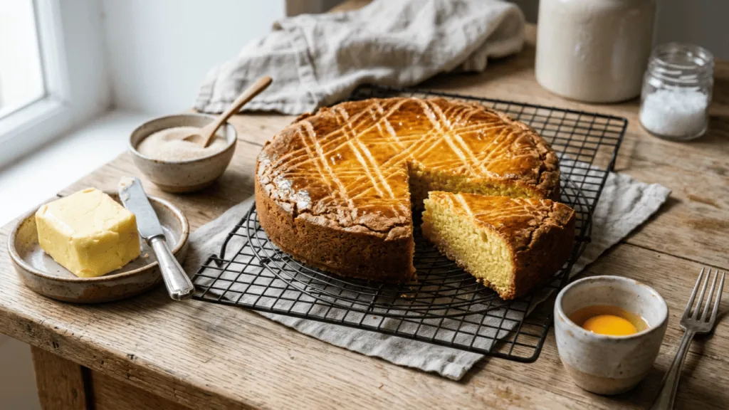 Gâteau breton pur beurre doré et quadrillé sur une grille, part coupée montrant la mie dense, beurre salé