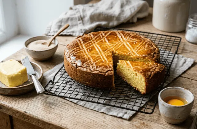 Gâteau breton pur beurre doré et quadrillé sur une grille, part coupée montrant la mie dense, beurre salé