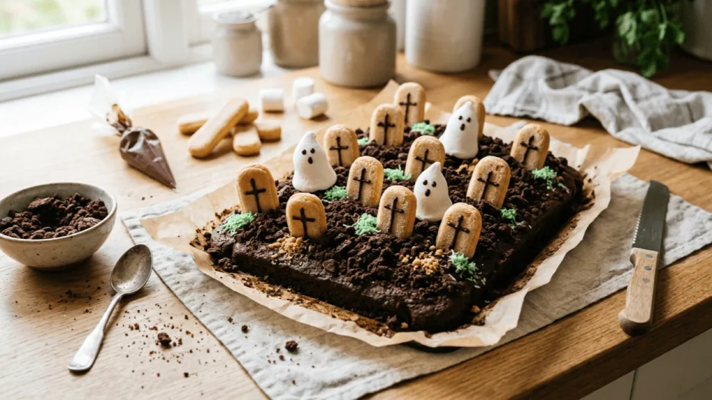 Gâteau cimetière au chocolat tout juste décoré sur son papier cuisson, cornet de chocolat et biscuits émiettés à côté